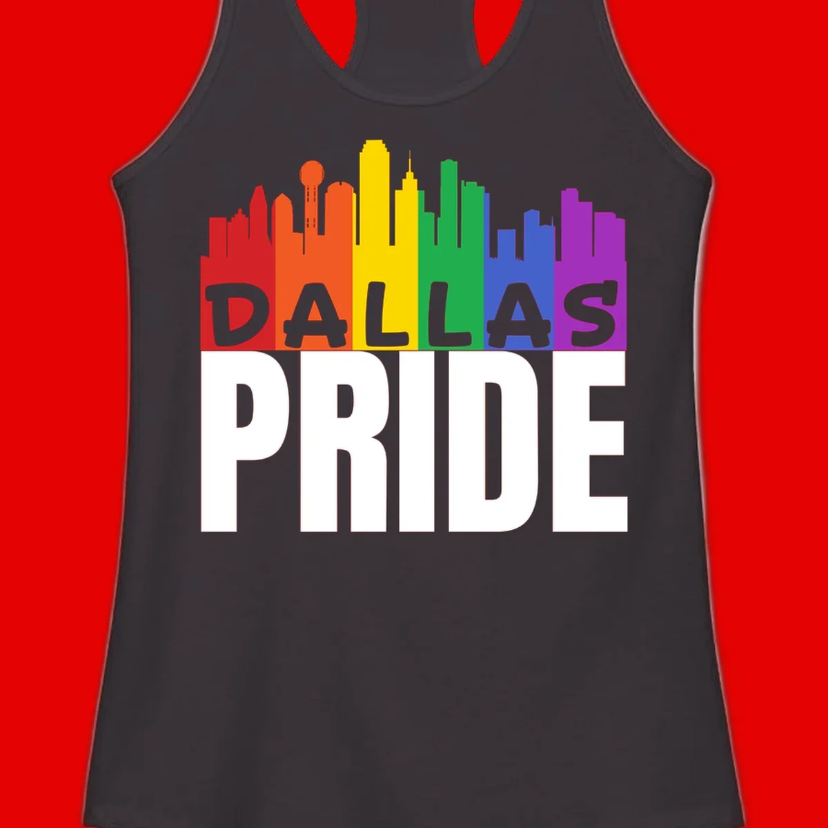Dallas skyline in rainbow Pride colors with gray 'DALLAS PRIDE' text on white background