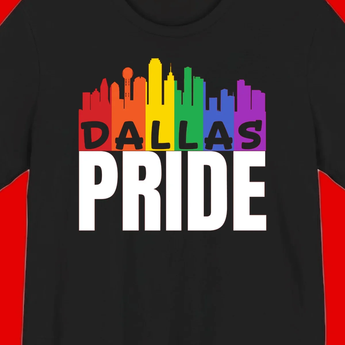 Dallas skyline in rainbow Pride colors with gray 'DALLAS PRIDE' text on white background