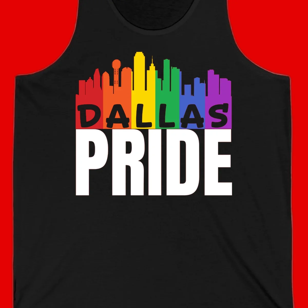 Dallas skyline in rainbow Pride colors with gray 'DALLAS PRIDE' text on white background