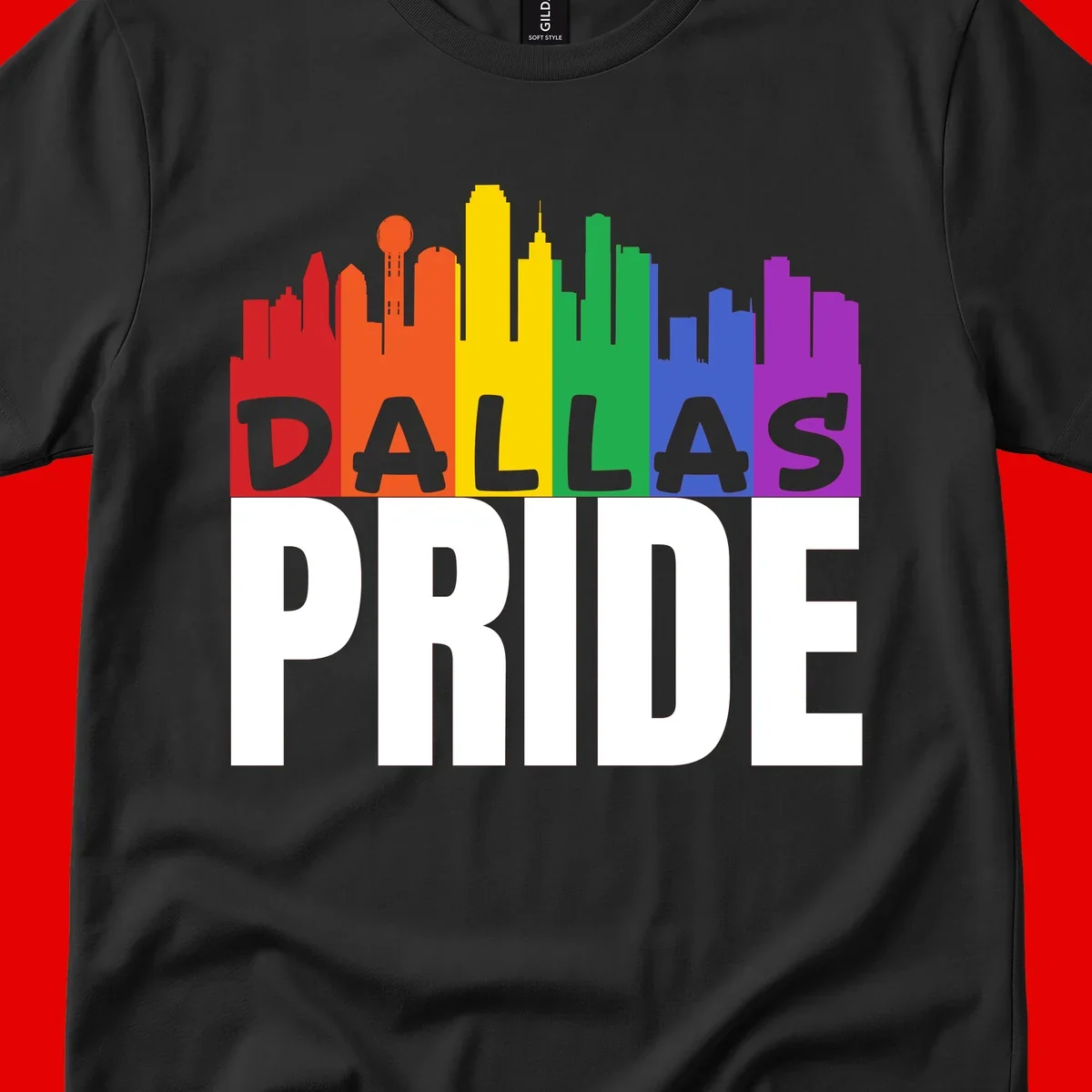 Dallas skyline in rainbow Pride colors with gray 'DALLAS PRIDE' text on white background