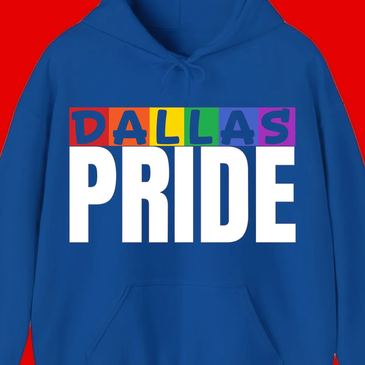 Dallas Pride rainbow design with colorful letters spelling DALLAS above white PRIDE text