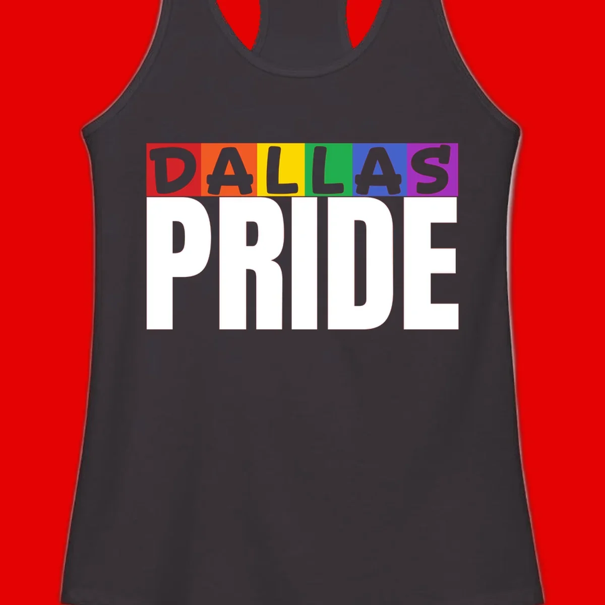 Dallas Pride rainbow design with colorful letters spelling DALLAS above white PRIDE text