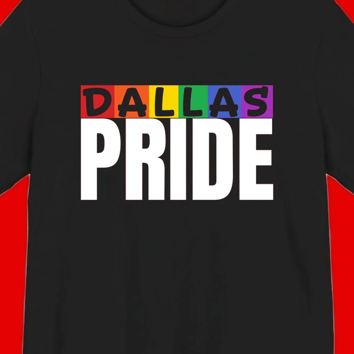 Dallas Pride rainbow design with colorful letters spelling DALLAS above white PRIDE text