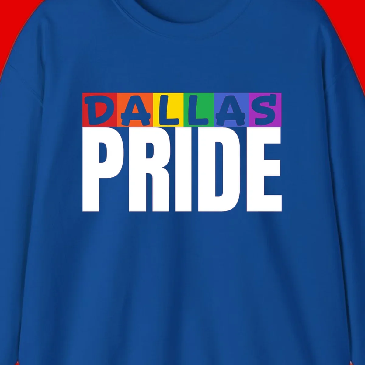 Dallas Pride rainbow design with colorful letters spelling DALLAS above white PRIDE text