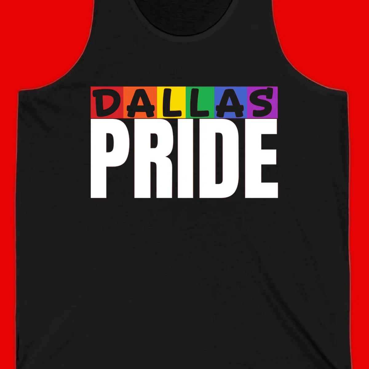 Dallas Pride rainbow design with colorful letters spelling DALLAS above white PRIDE text