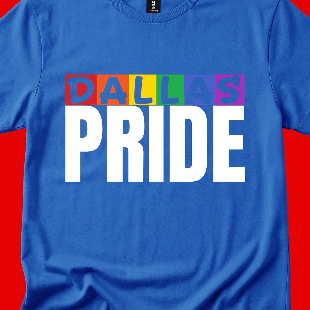 Dallas Pride rainbow design with colorful letters spelling DALLAS above white PRIDE text