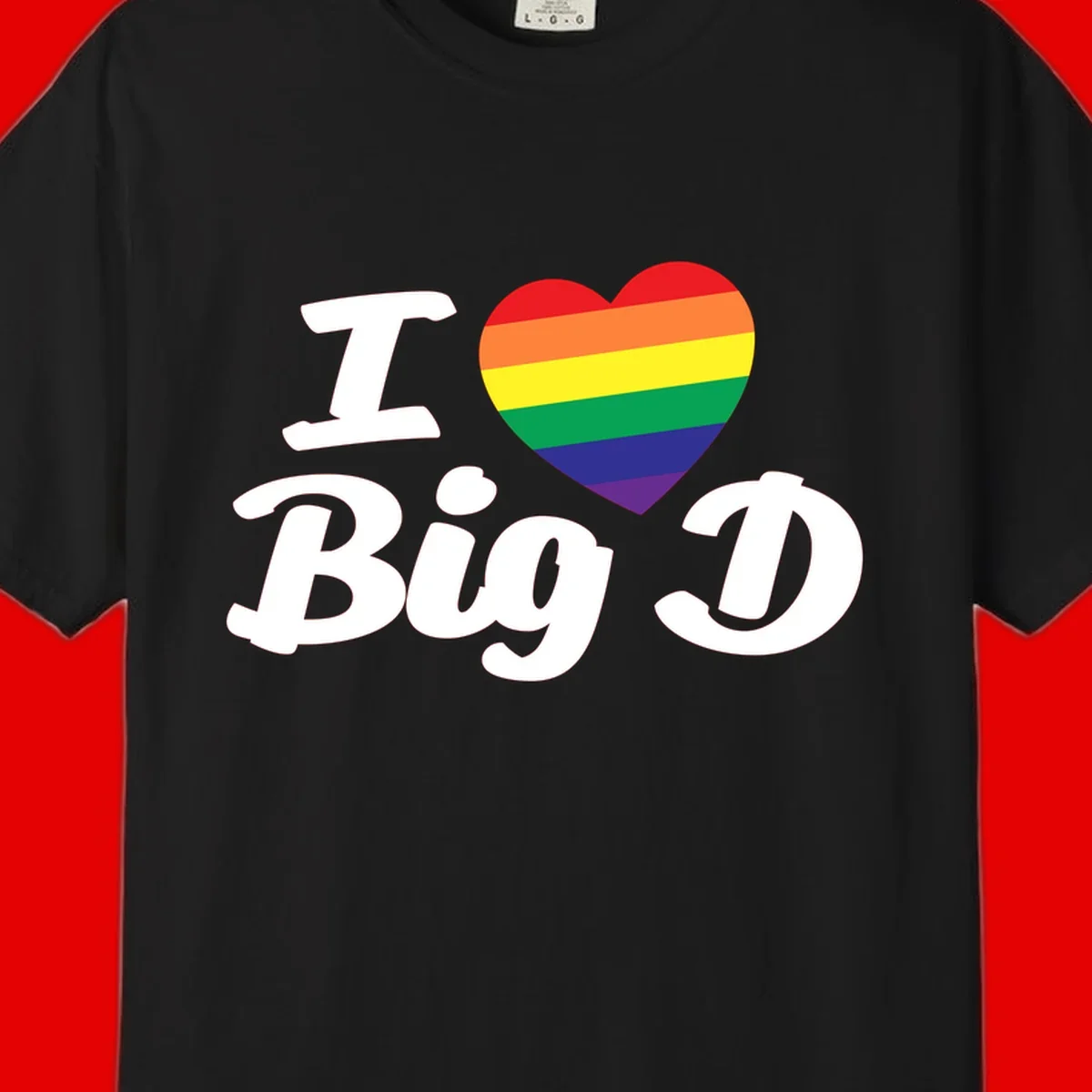 Big D pride love design with rainbow-striped heart and white text on gray background