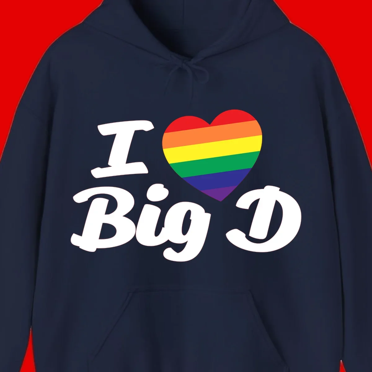 Big D pride love design with rainbow-striped heart and white text on gray background