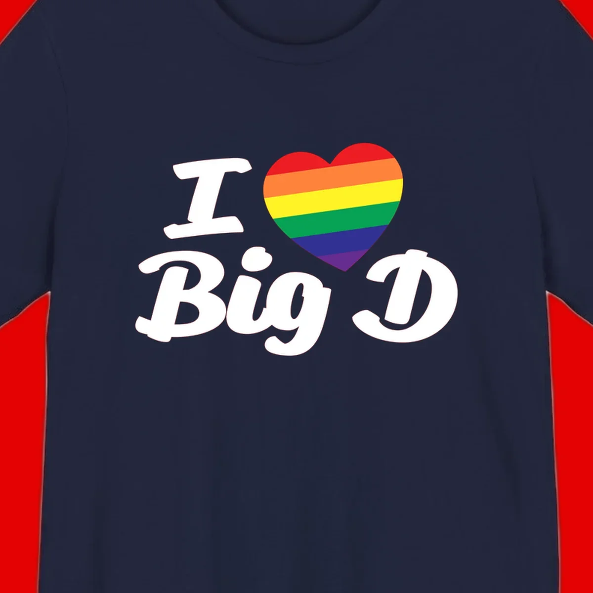 Big D pride love design with rainbow-striped heart and white text on gray background