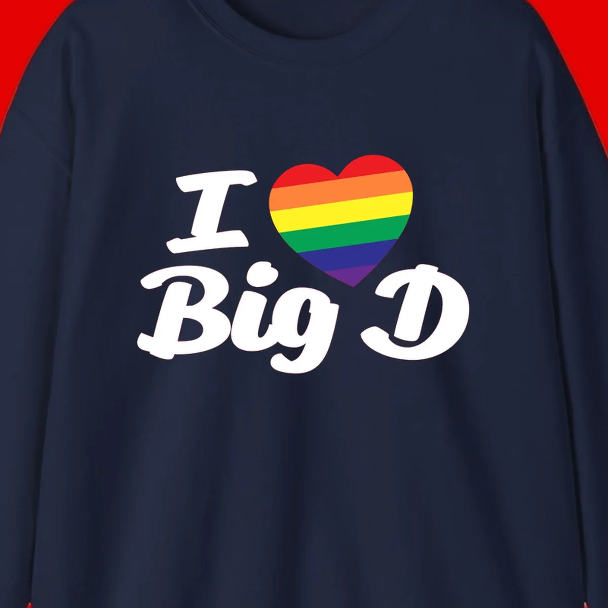 Big D pride love design with rainbow-striped heart and white text on gray background