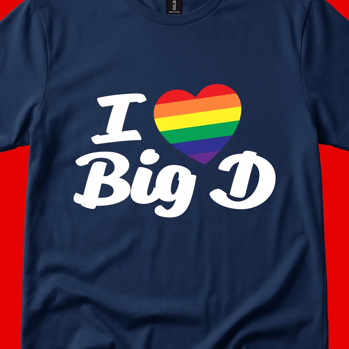 Big D pride love design with rainbow-striped heart and white text on gray background
