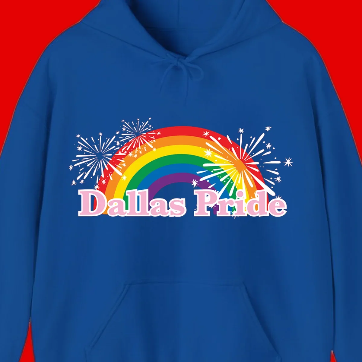Dallas Pride design with rainbow arc, white fireworks bursts, and pink text on gray background