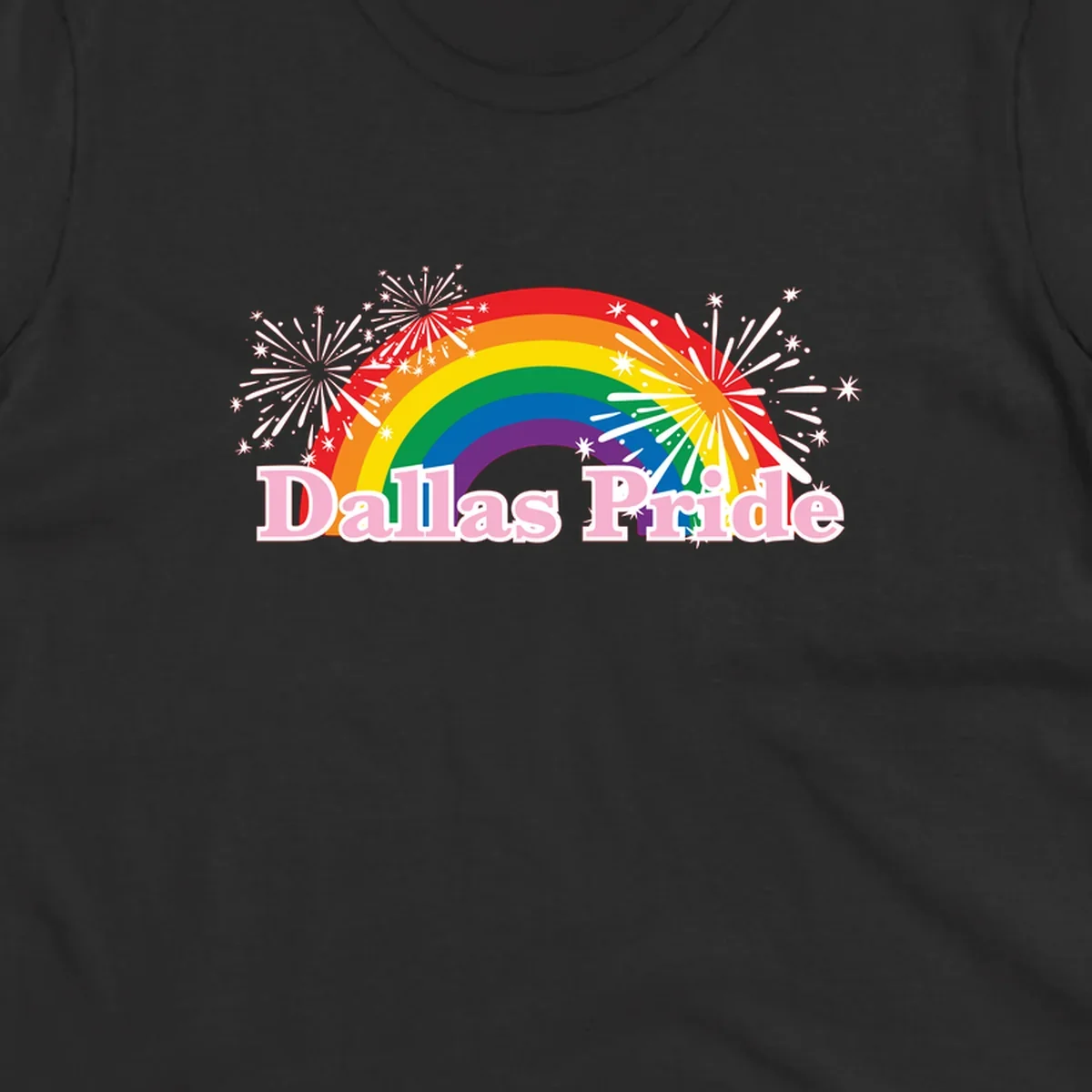Dallas Pride design with rainbow arc, white fireworks bursts, and pink text on gray background