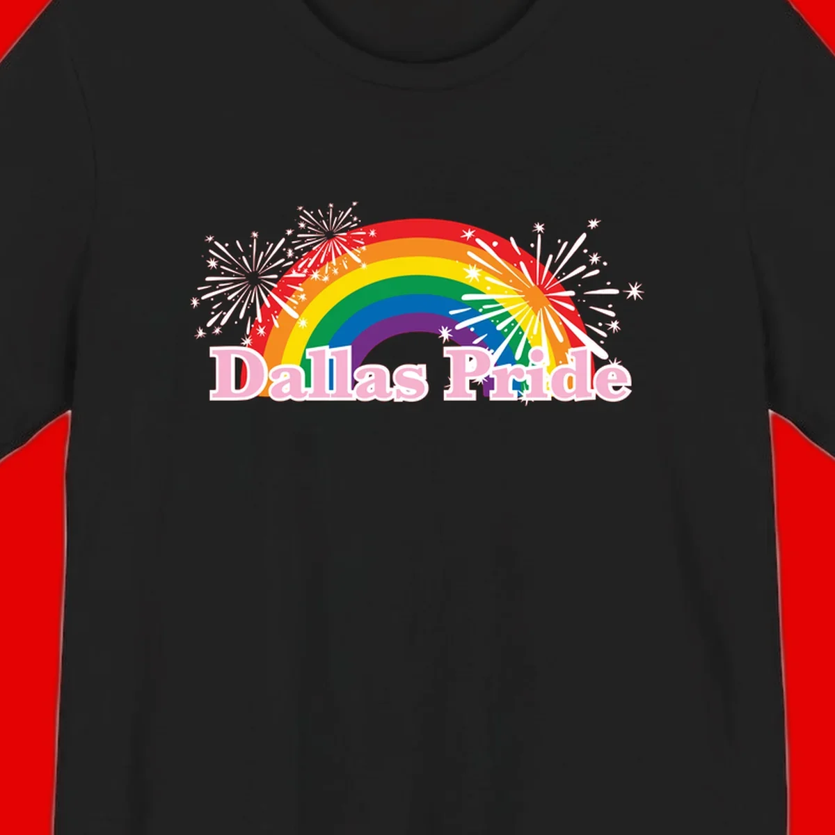 Dallas Pride design with rainbow arc, white fireworks bursts, and pink text on gray background