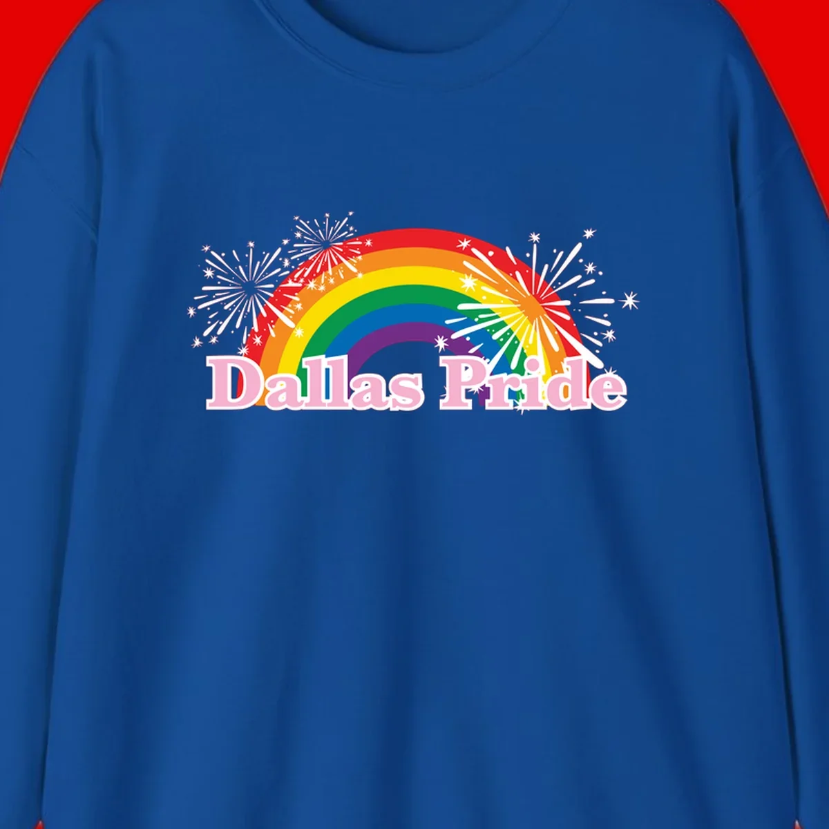 Dallas Pride design with rainbow arc, white fireworks bursts, and pink text on gray background