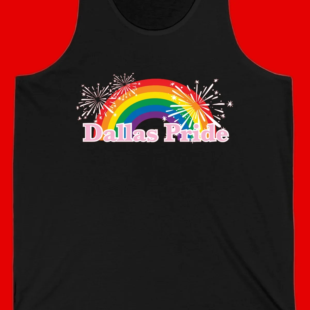 Dallas Pride design with rainbow arc, white fireworks bursts, and pink text on gray background