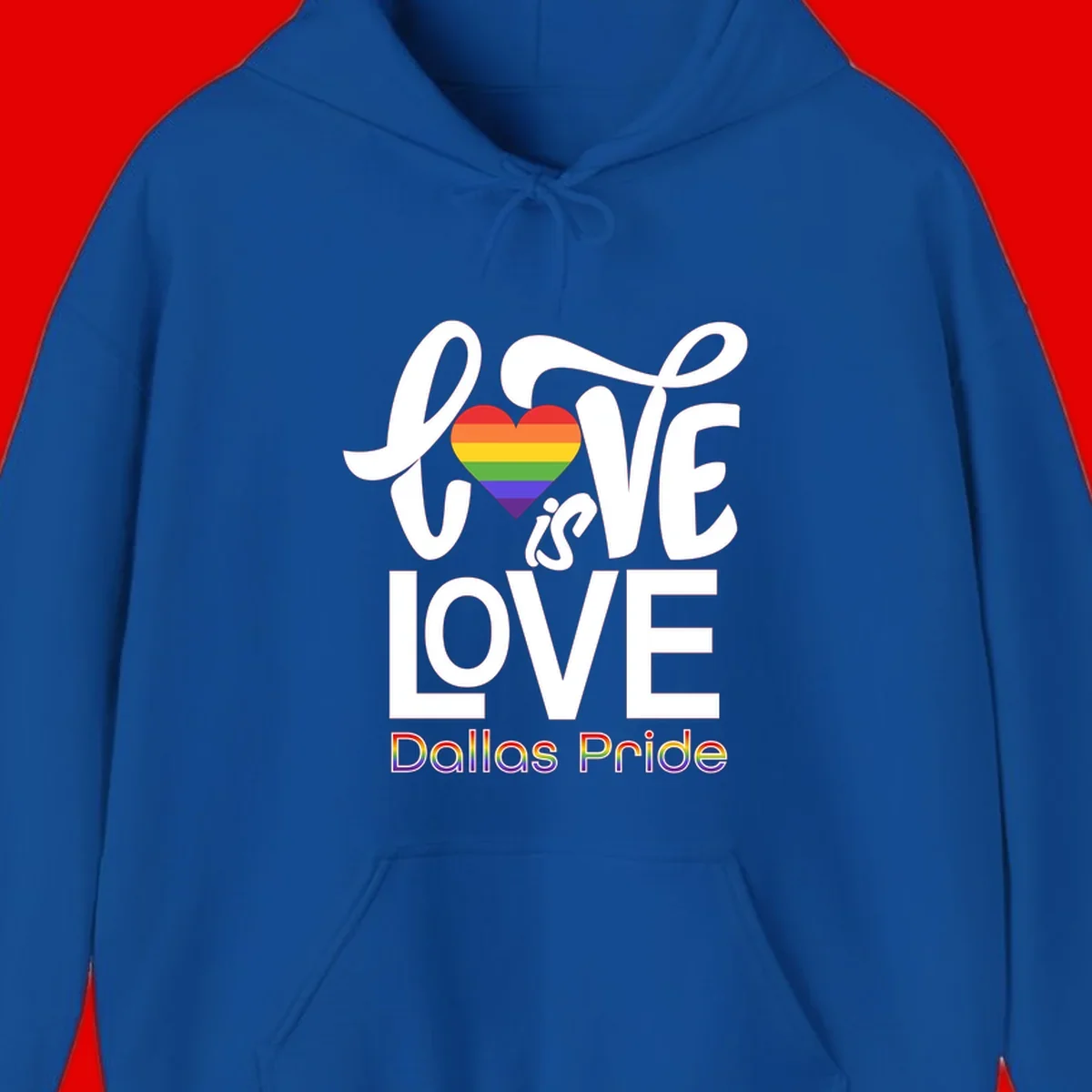 Love is love Dallas Pride design with rainbow-striped heart and white text on gray background