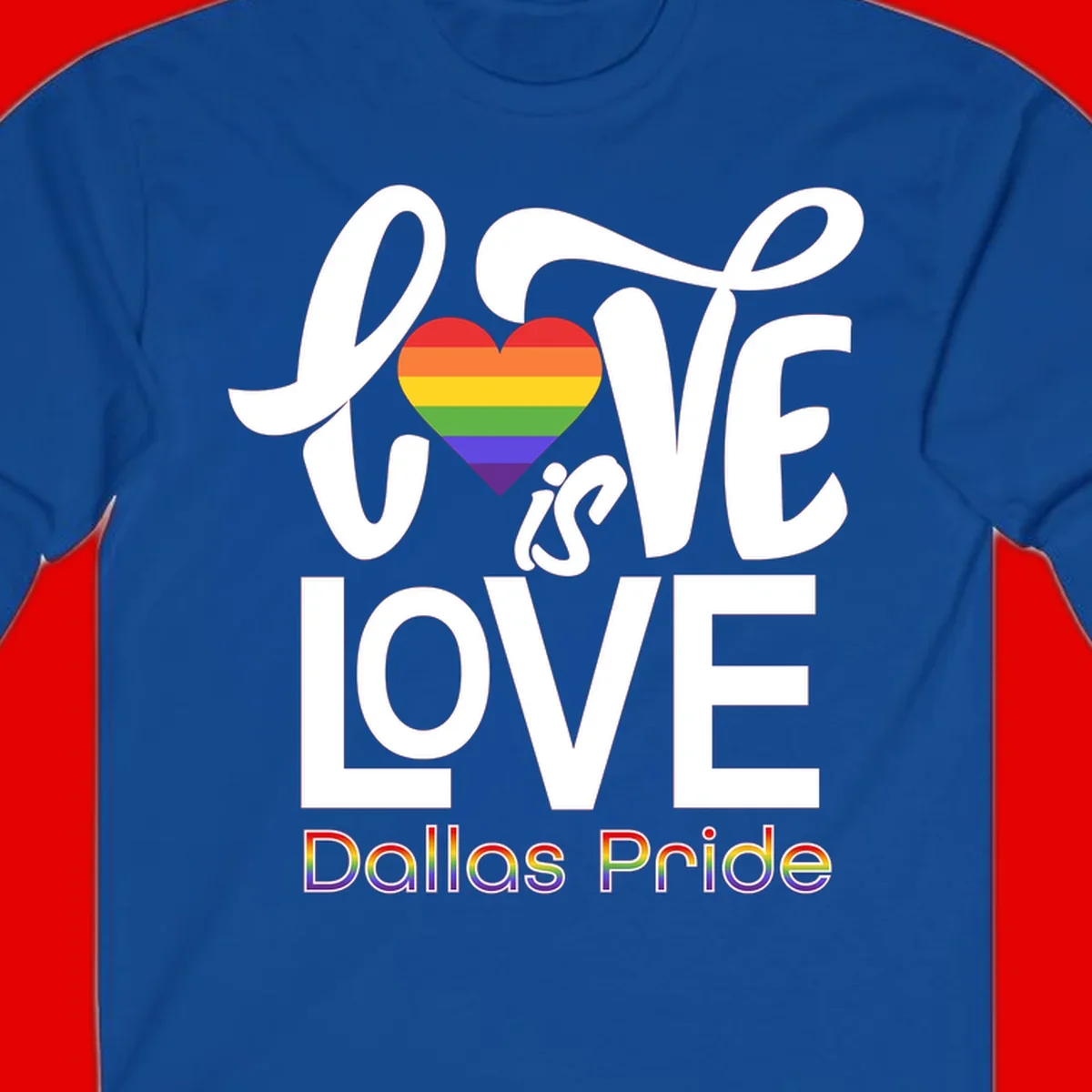 Love is love Dallas Pride design with rainbow-striped heart and white text on gray background
