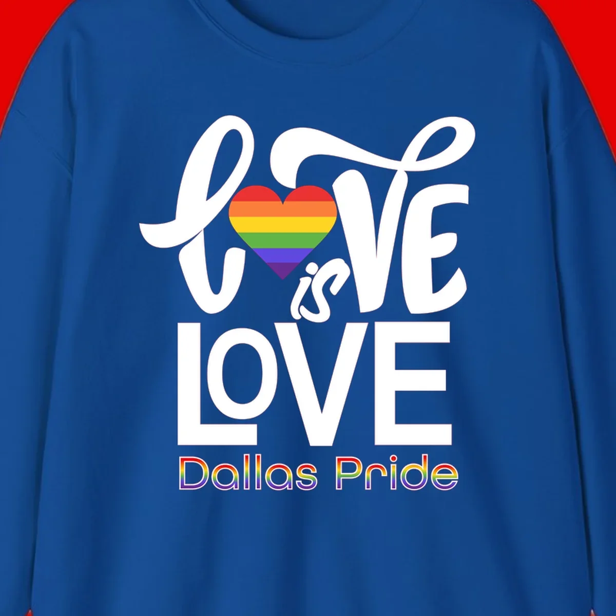 Love is love Dallas Pride design with rainbow-striped heart and white text on gray background