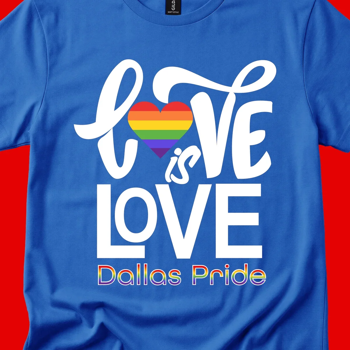 Love is love Dallas Pride design with rainbow-striped heart and white text on gray background