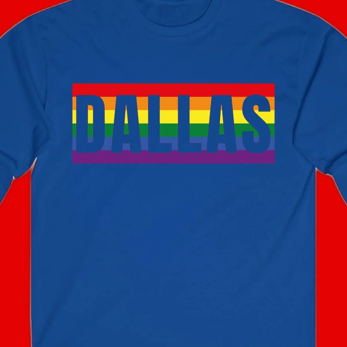 Gray DALLAS text overlaid on rainbow pride flag with red, orange, yellow, green, blue, and purple horizontal stripes