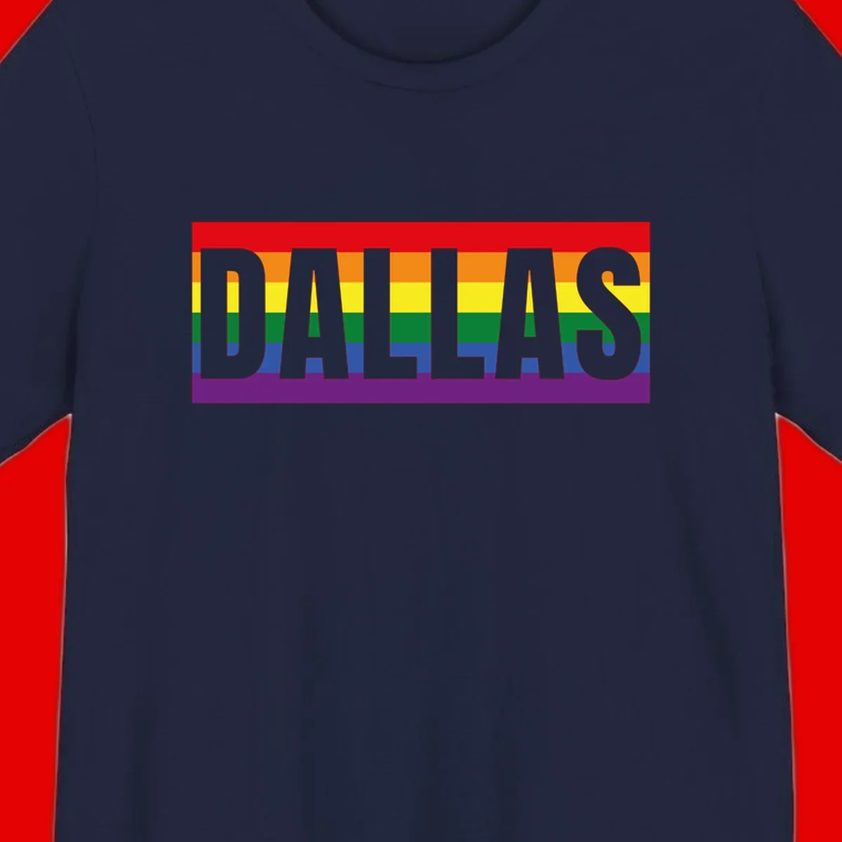 Gray DALLAS text overlaid on rainbow pride flag with red, orange, yellow, green, blue, and purple horizontal stripes