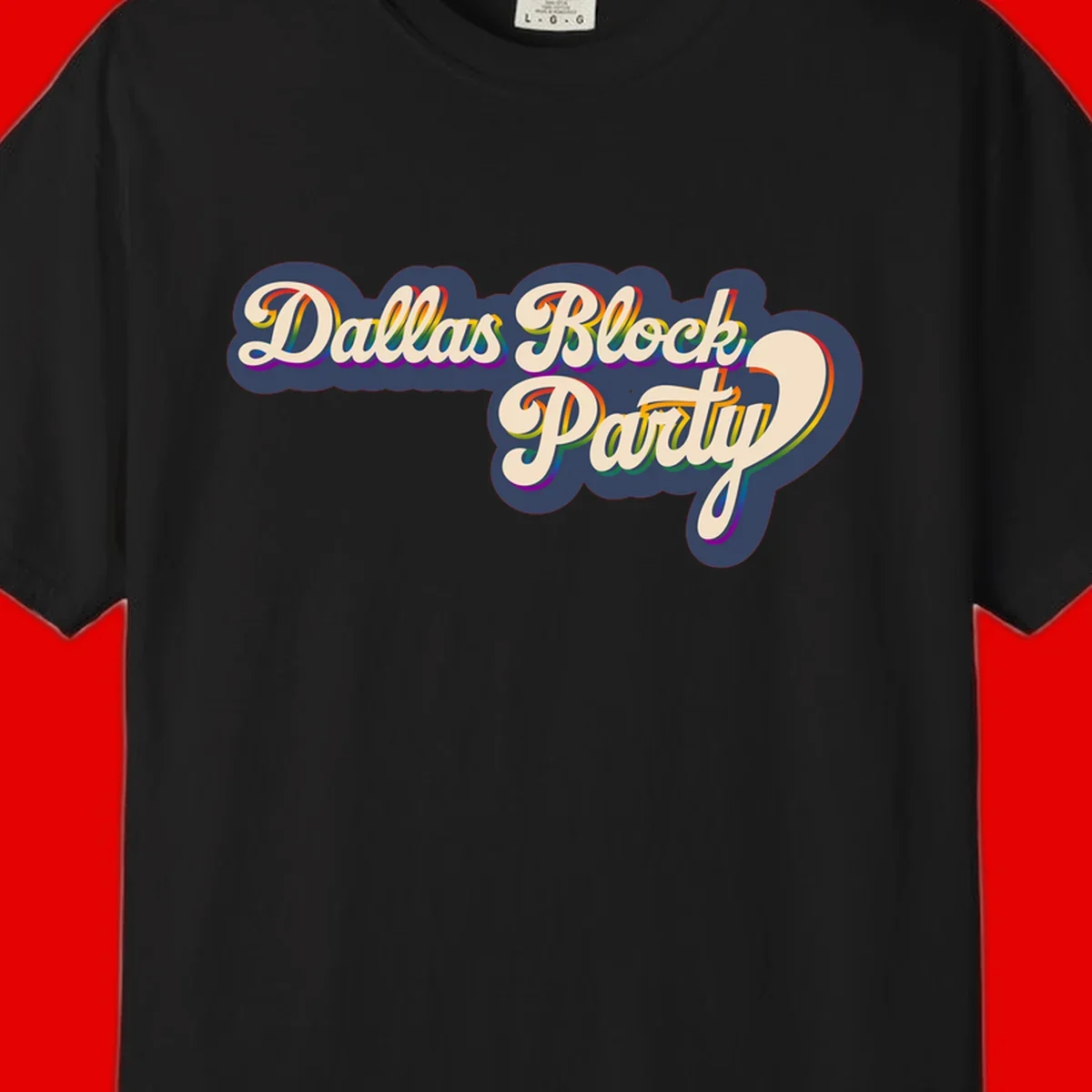 Dallas Block Party design featuring rainbow gradient lettering on navy blue cloud background with scalloped borders