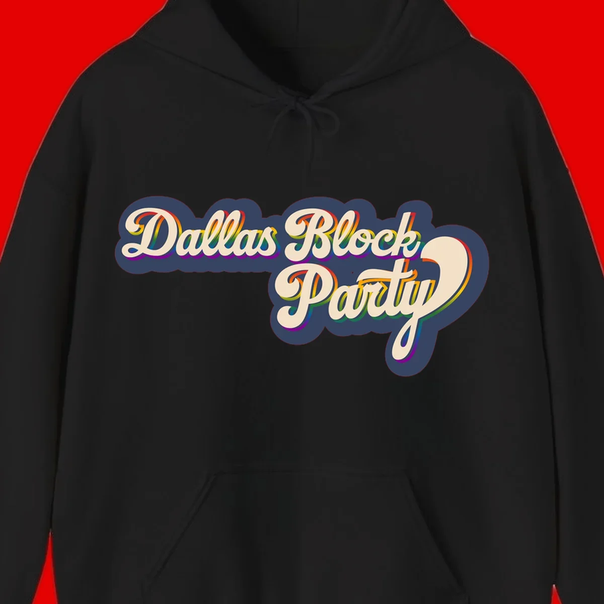 Dallas Block Party design featuring rainbow gradient lettering on navy blue cloud background with scalloped borders