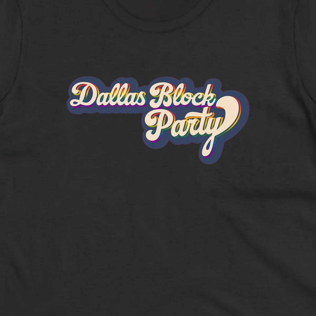 Dallas Block Party design featuring rainbow gradient lettering on navy blue cloud background with scalloped borders