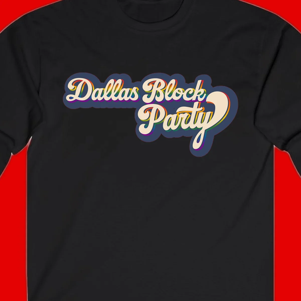 Dallas Block Party design featuring rainbow gradient lettering on navy blue cloud background with scalloped borders