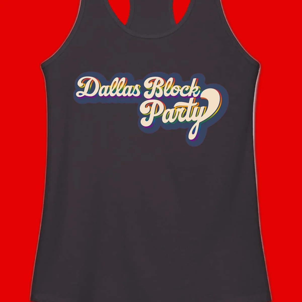 Dallas Block Party design featuring rainbow gradient lettering on navy blue cloud background with scalloped borders