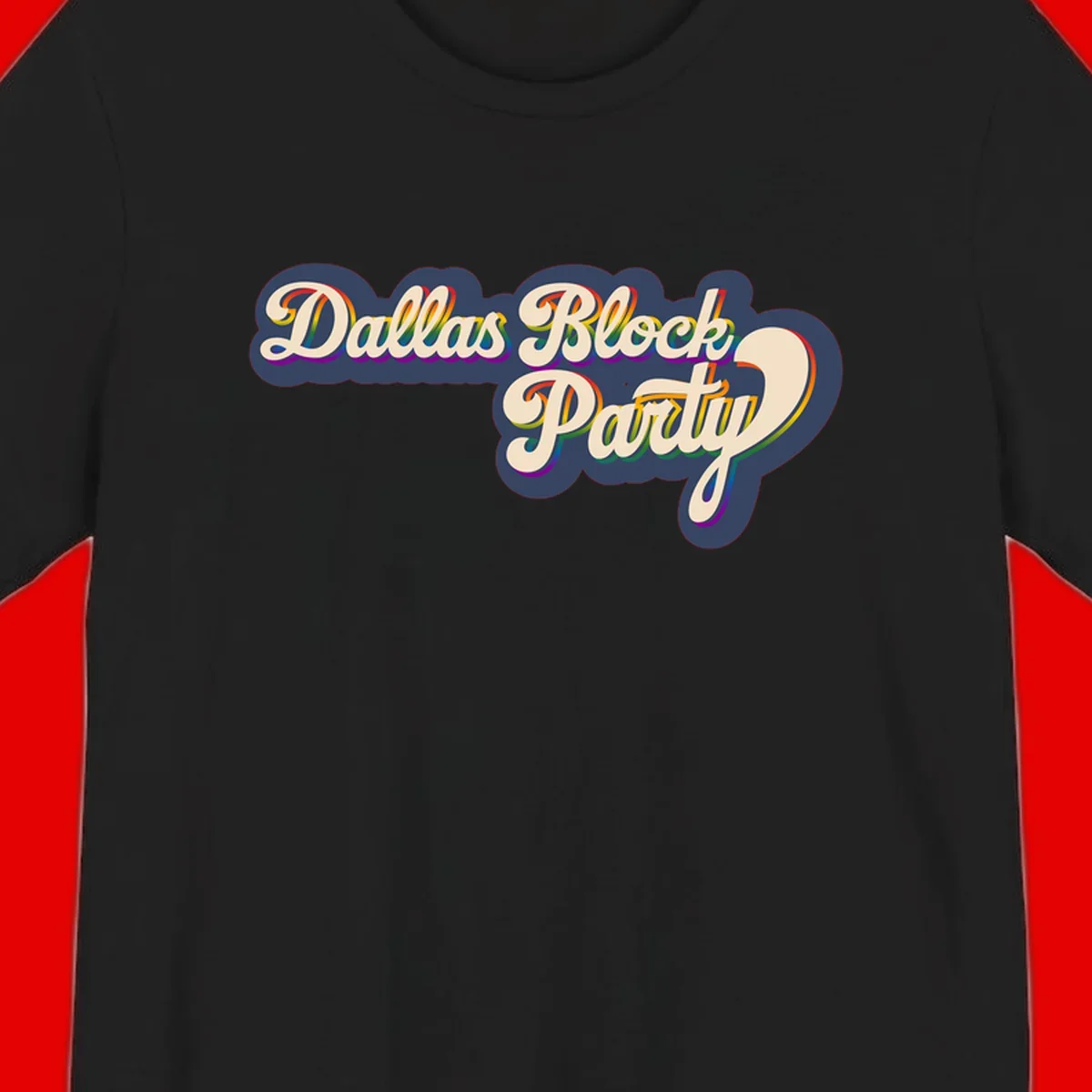 Dallas Block Party design featuring rainbow gradient lettering on navy blue cloud background with scalloped borders