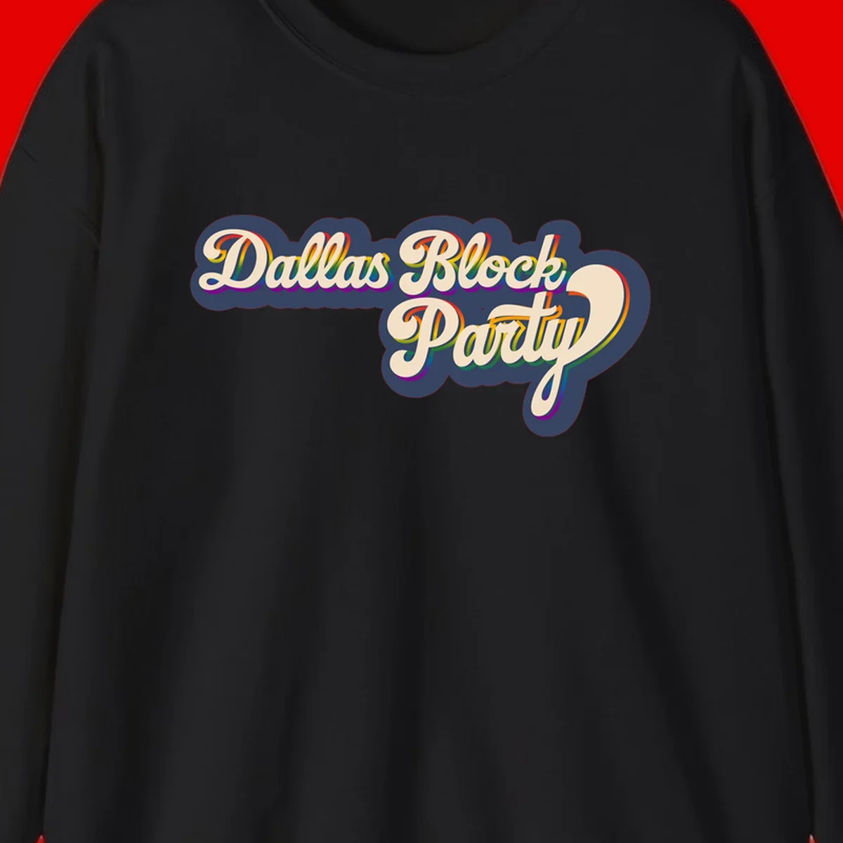 Dallas Block Party design featuring rainbow gradient lettering on navy blue cloud background with scalloped borders