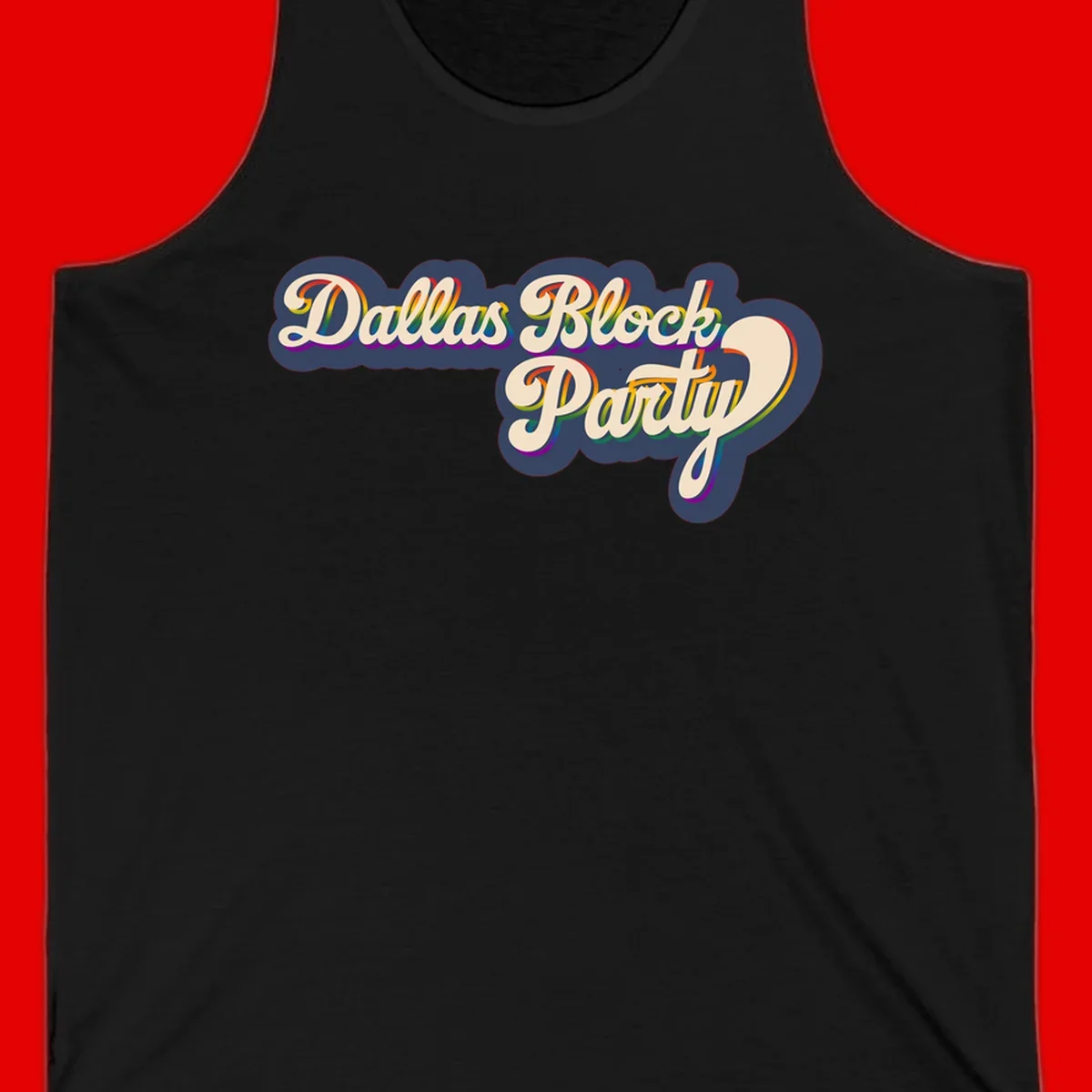 Dallas Block Party design featuring rainbow gradient lettering on navy blue cloud background with scalloped borders