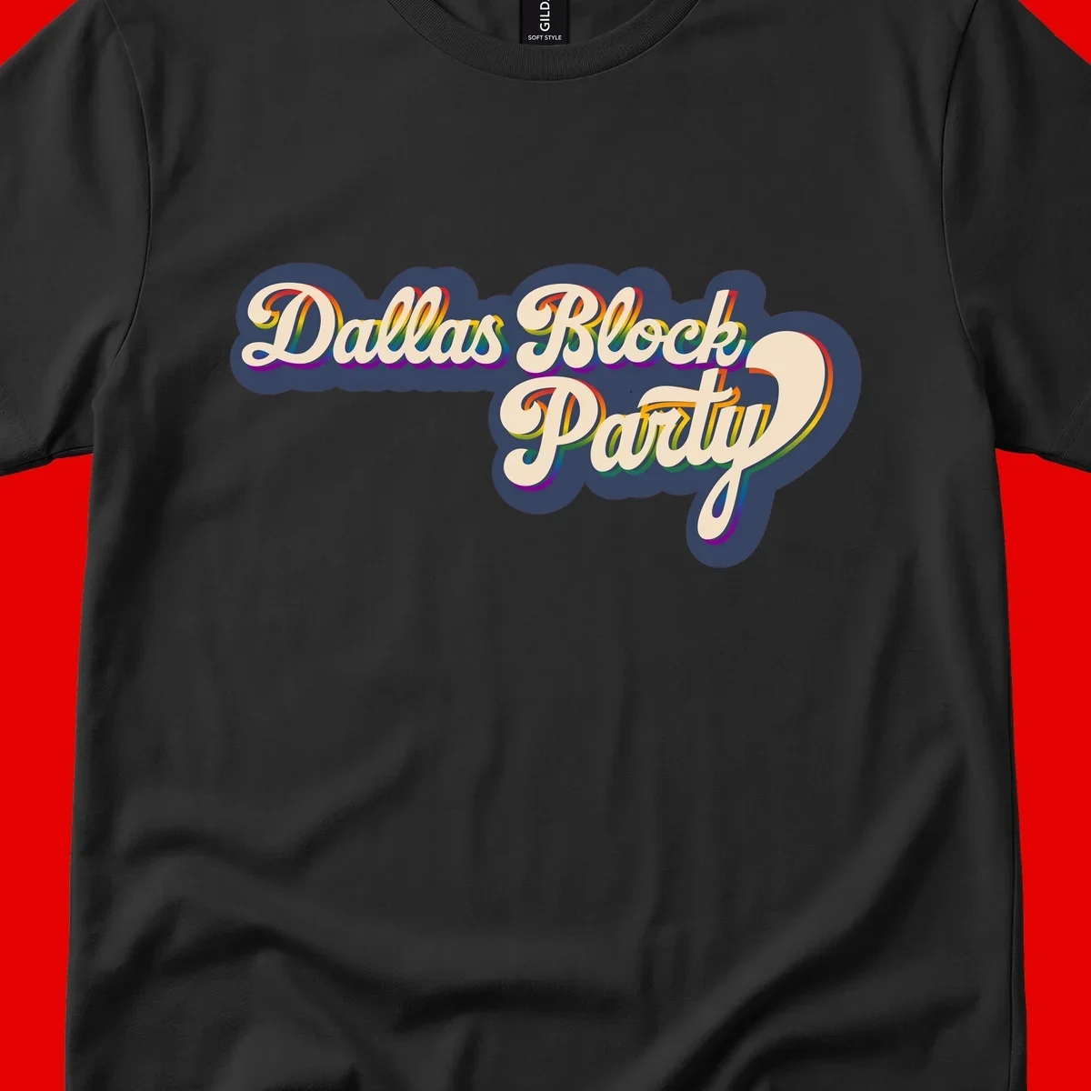 Dallas Block Party design featuring rainbow gradient lettering on navy blue cloud background with scalloped borders