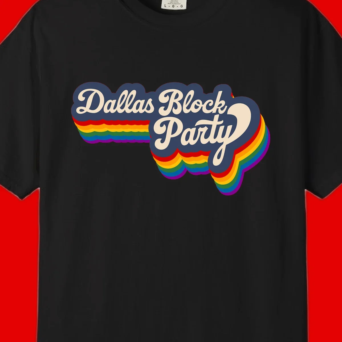 Dallas Block Party design featuring Texas state shape with rainbow pride stripes and vintage script text on navy background