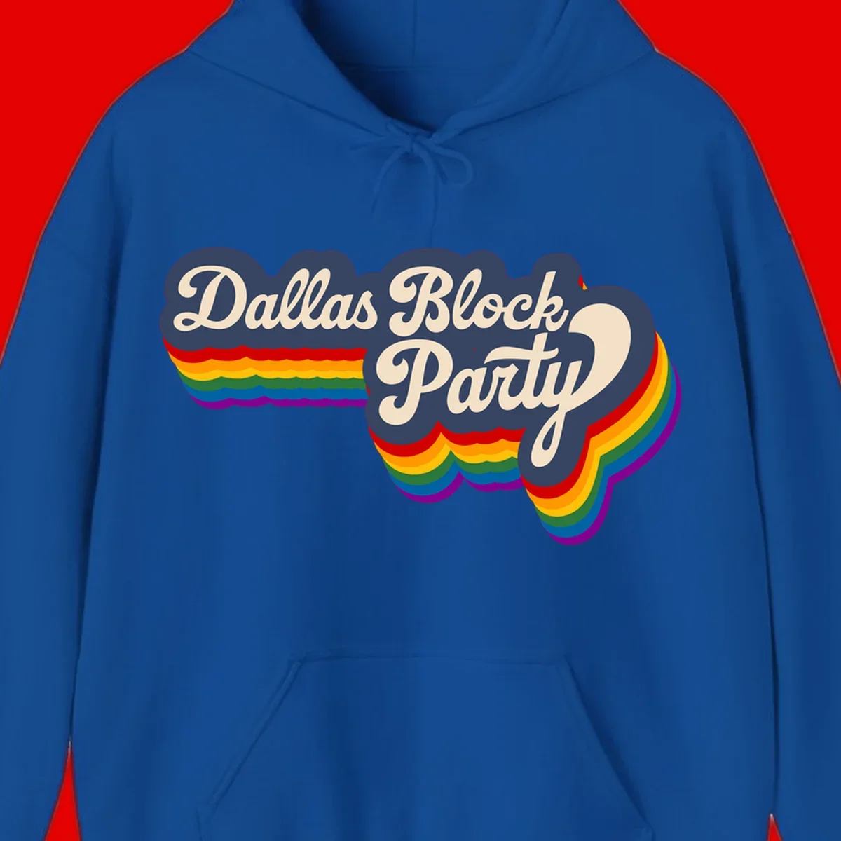 Dallas Block Party design featuring Texas state shape with rainbow pride stripes and vintage script text on navy background