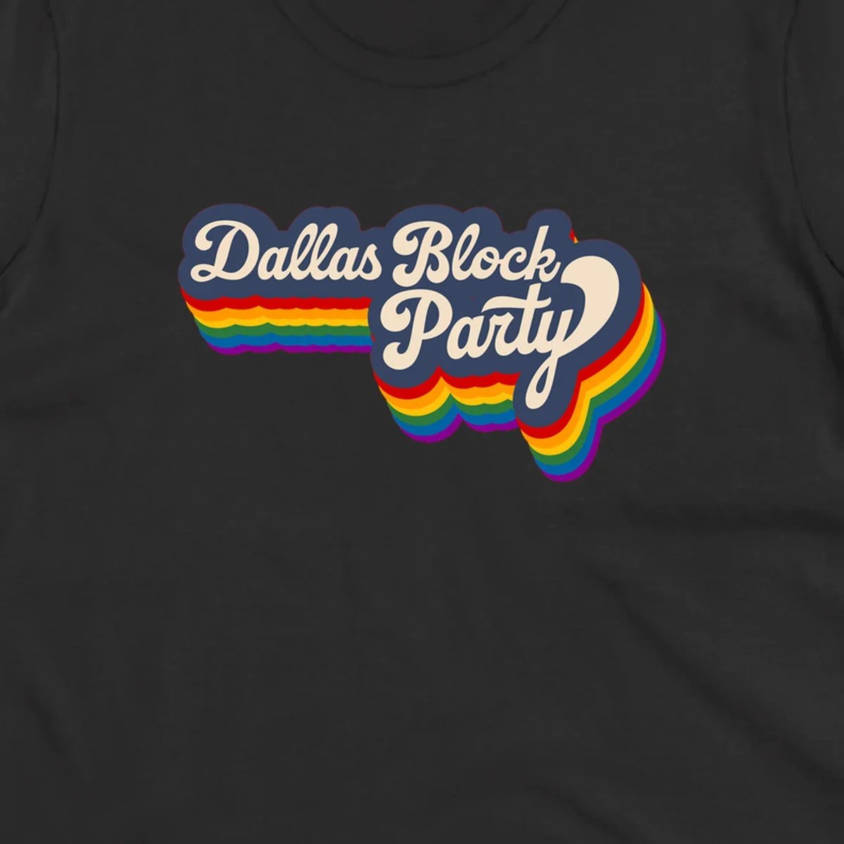 Dallas Block Party design featuring Texas state shape with rainbow pride stripes and vintage script text on navy background