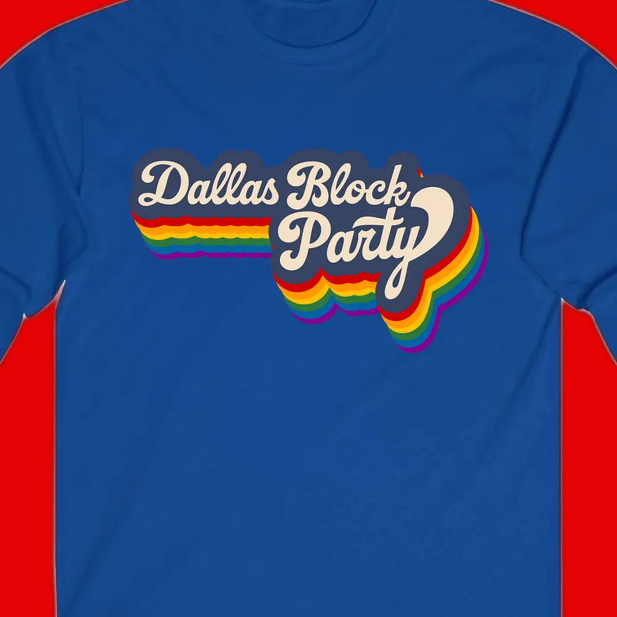 Dallas Block Party design featuring Texas state shape with rainbow pride stripes and vintage script text on navy background