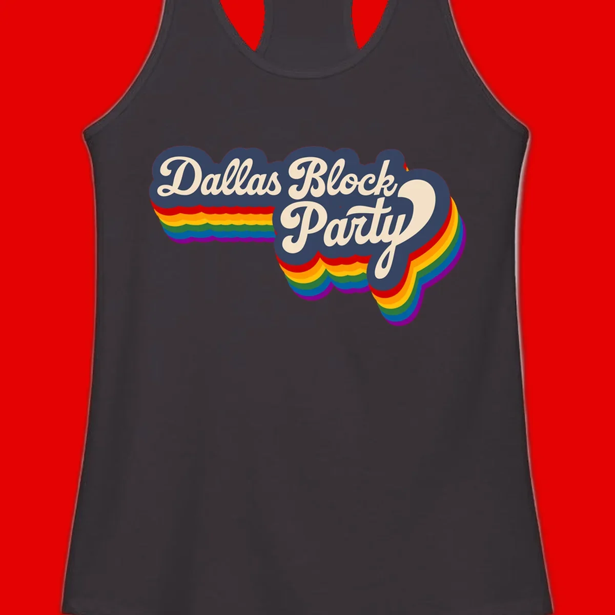 Dallas Block Party design featuring Texas state shape with rainbow pride stripes and vintage script text on navy background