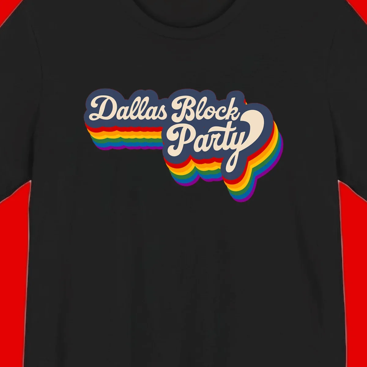 Dallas Block Party design featuring Texas state shape with rainbow pride stripes and vintage script text on navy background