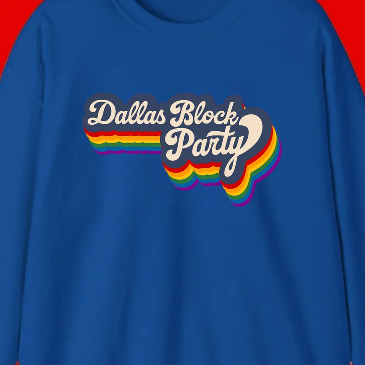 Dallas Block Party design featuring Texas state shape with rainbow pride stripes and vintage script text on navy background