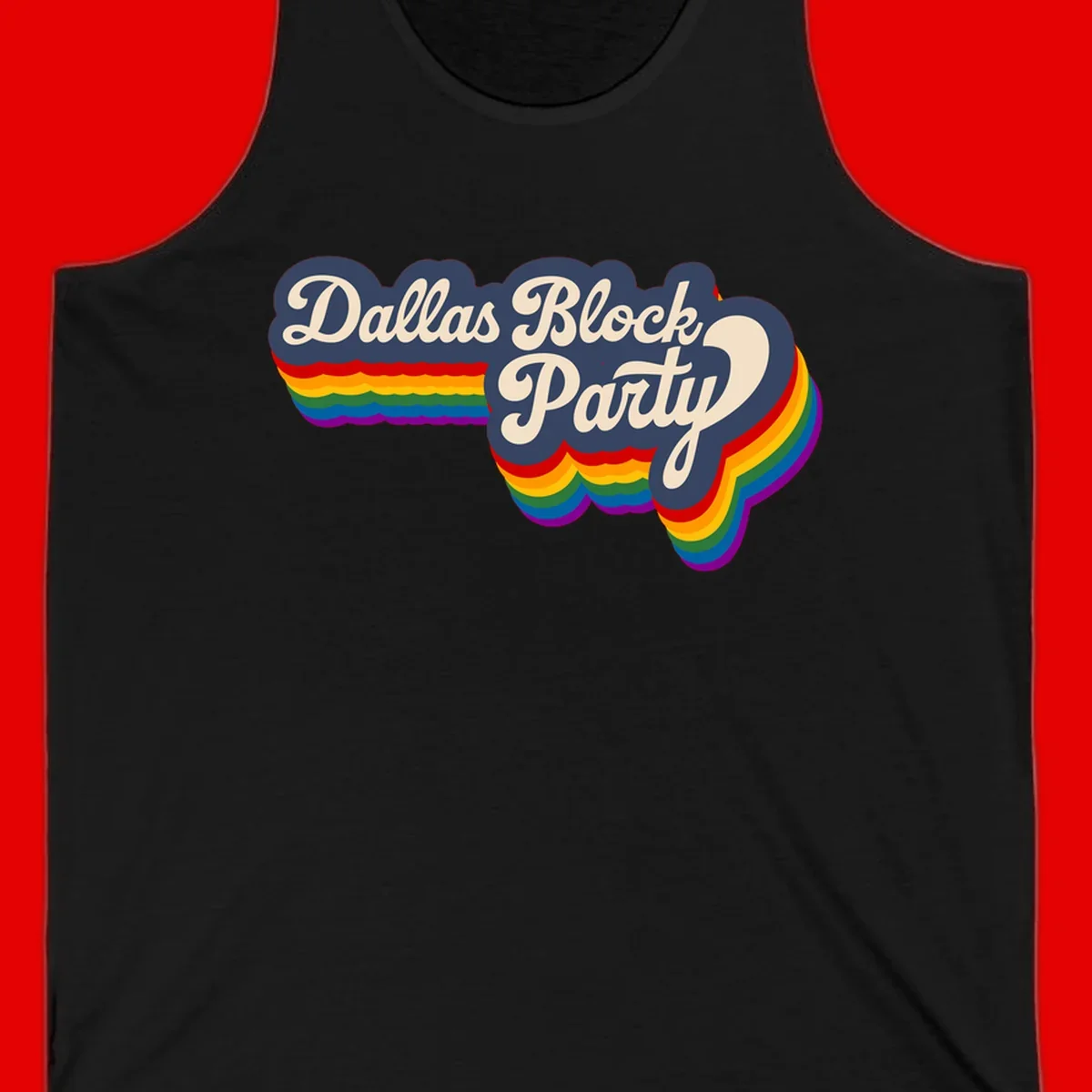 Dallas Block Party design featuring Texas state shape with rainbow pride stripes and vintage script text on navy background