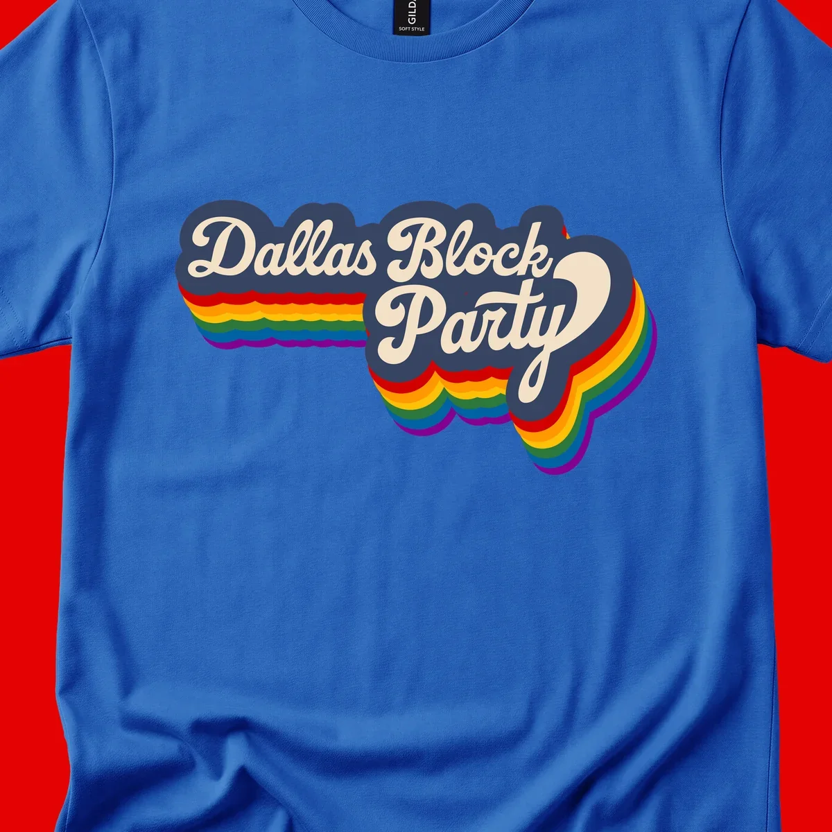 Dallas Block Party design featuring Texas state shape with rainbow pride stripes and vintage script text on navy background