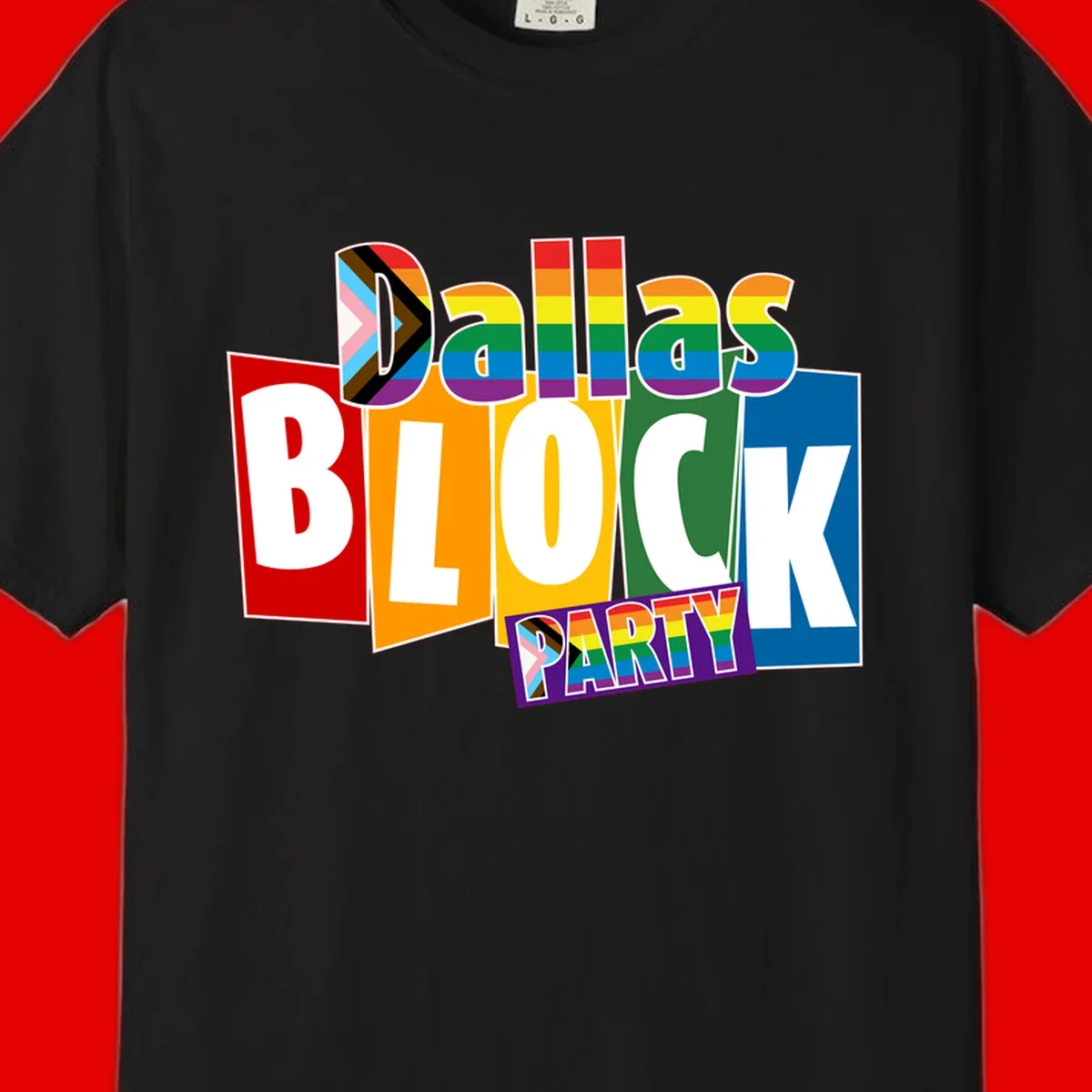 Dudes Block Party Pride design with colorful rainbow stripes, progress pride flag, and bold layered text celebrating LGBTQ+ pride