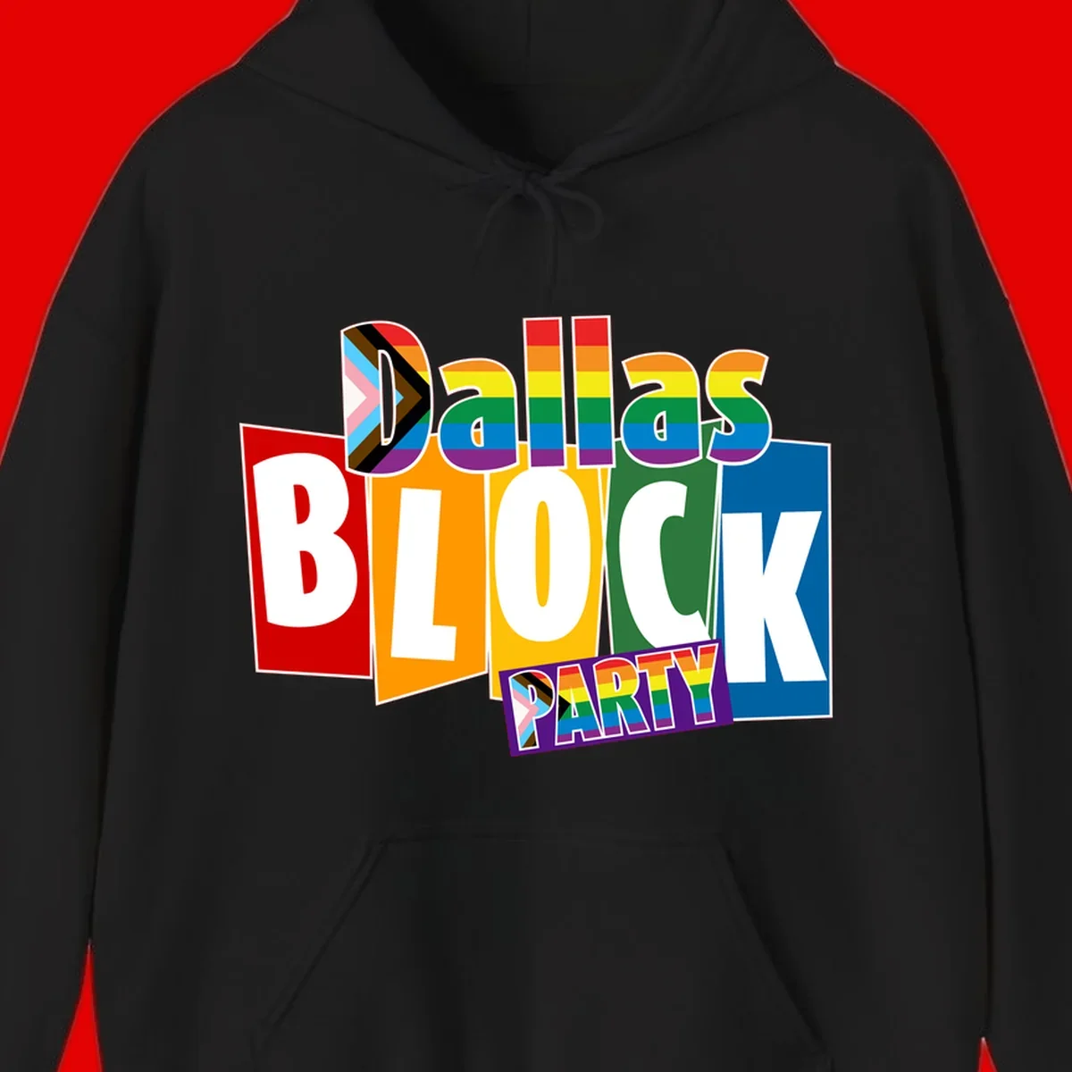Dudes Block Party Pride design with colorful rainbow stripes, progress pride flag, and bold layered text celebrating LGBTQ+ pride