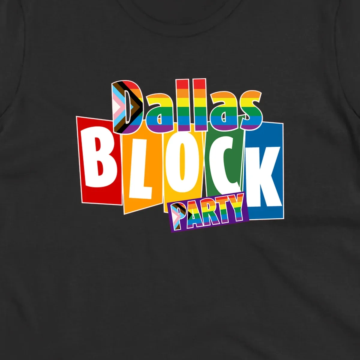 Dudes Block Party Pride design with colorful rainbow stripes, progress pride flag, and bold layered text celebrating LGBTQ+ pride