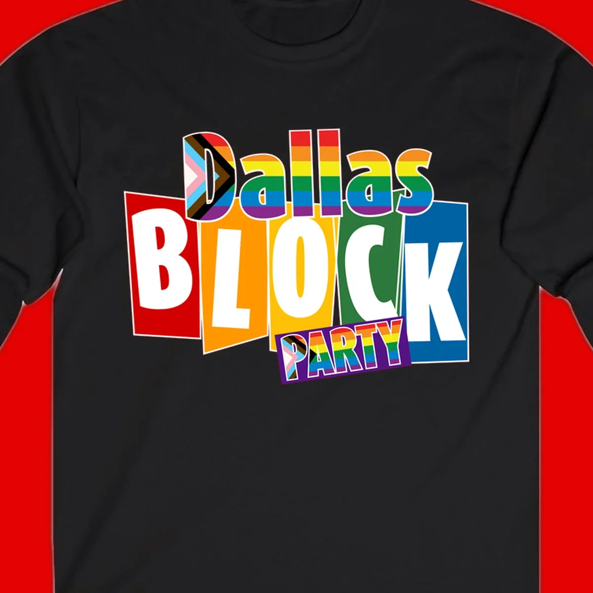 Dudes Block Party Pride design with colorful rainbow stripes, progress pride flag, and bold layered text celebrating LGBTQ+ pride