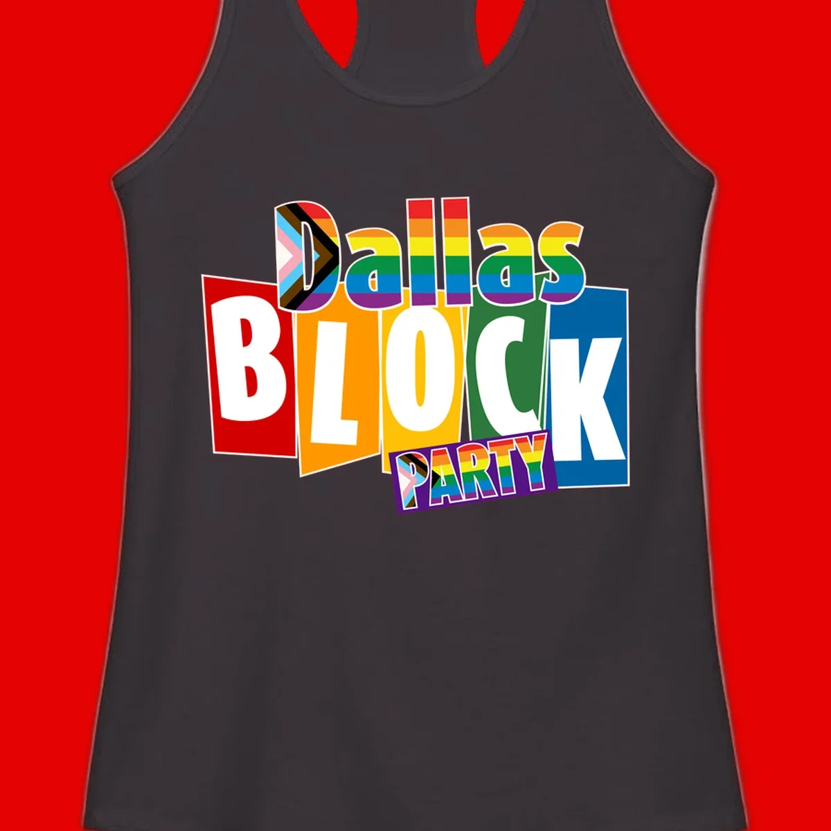 Dudes Block Party Pride design with colorful rainbow stripes, progress pride flag, and bold layered text celebrating LGBTQ+ pride