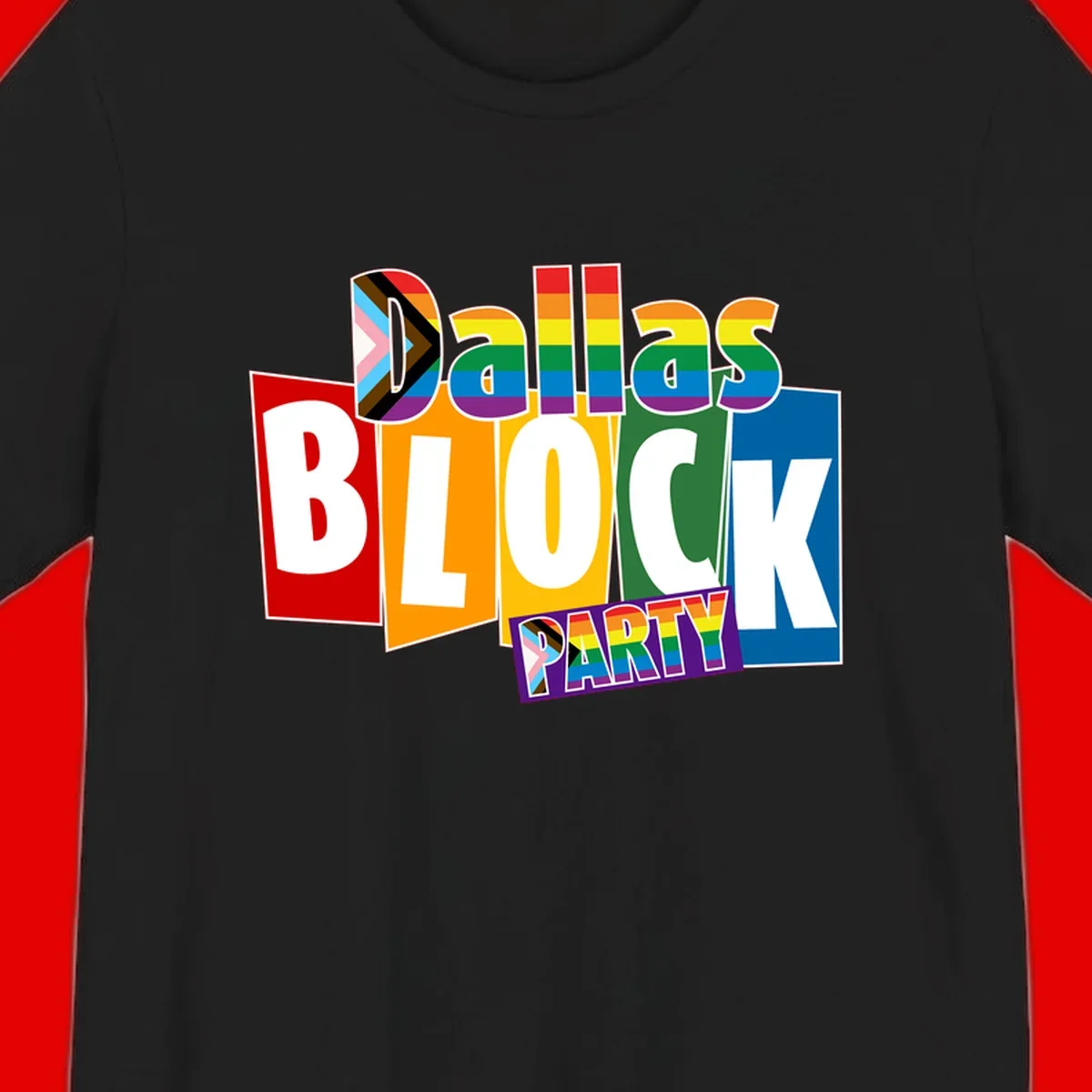 Dudes Block Party Pride design with colorful rainbow stripes, progress pride flag, and bold layered text celebrating LGBTQ+ pride
